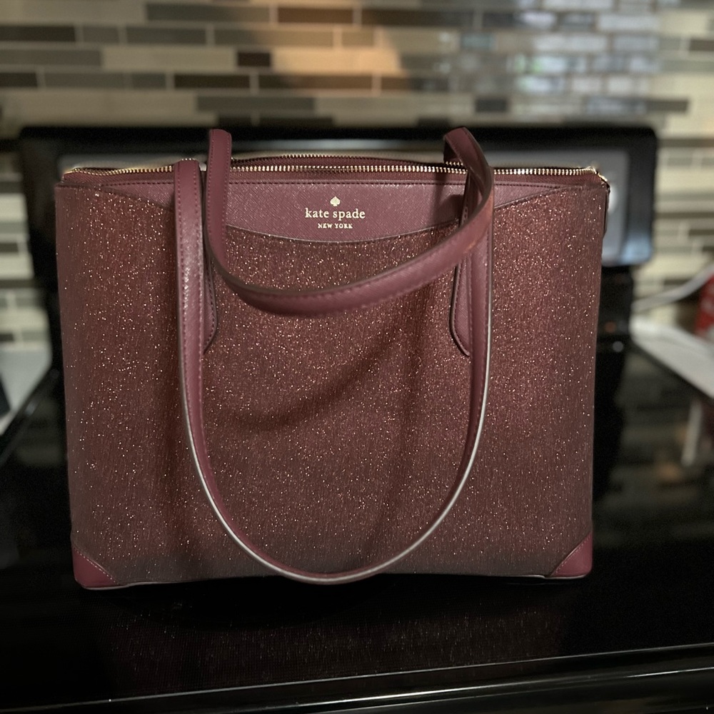 Kate Spade Large Glitter Fabric Tote Deep Nova burgundy
